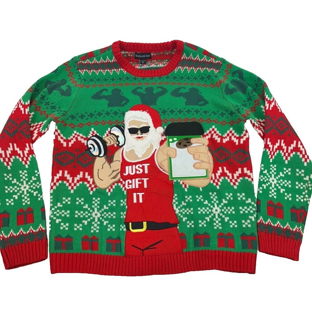 Blizzard Bay Christmas Sweater Just Gift It Buff Santa Green Red Knit Mens XL